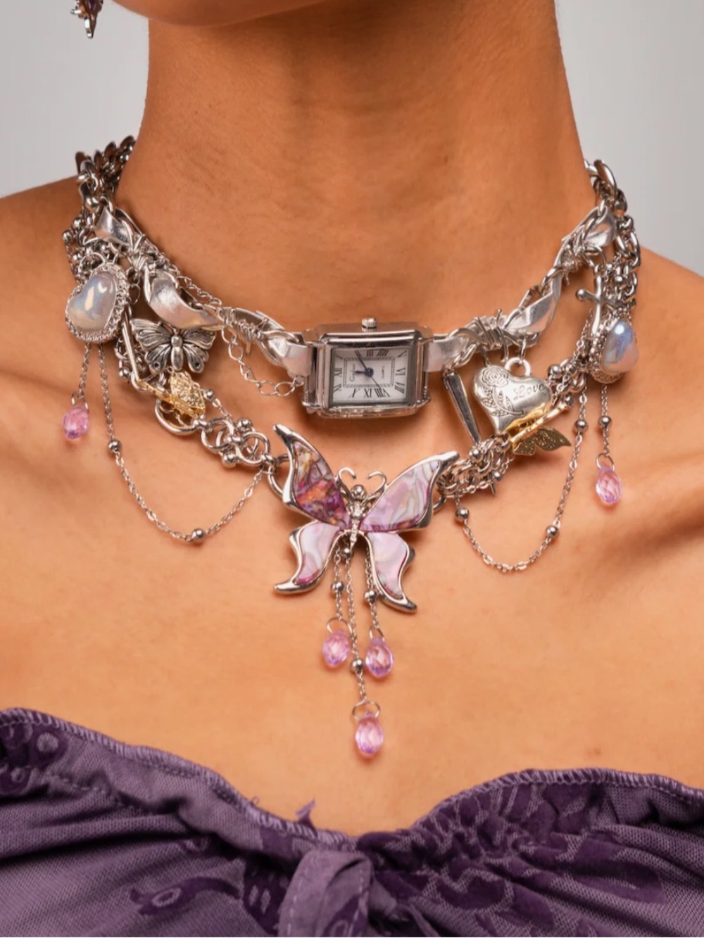Silver Charm Chain Watch Necklace with Spikes